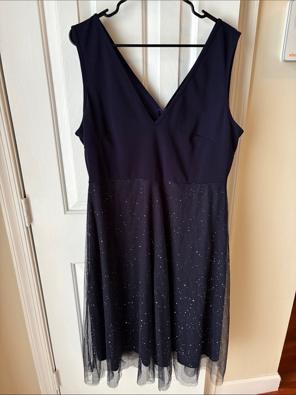 Women's Navy V-Neck Glitter Mesh Dress